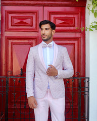 Abito taglio smoking rosa e grigio damascato