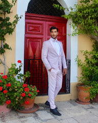 Abito taglio smoking rosa e grigio damascato