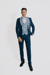 Abito blu con Reverse  e gilet damascato celeste